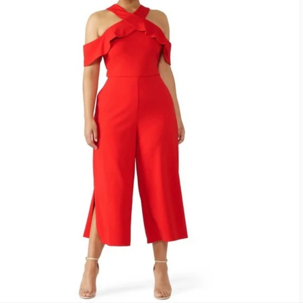 SLATE & WILLOW Cross Front Cold Shoulder Cropped Red Wide Leg Jumpsuit